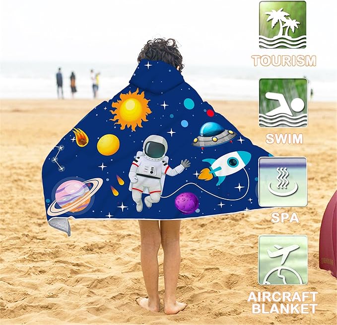 Spaceman Hooded Beach Towel for Kids, Cute Space Man Bath Towel with Hood, Boy Microfiber Super Absorbent Soft Poncho Bathrobe for Swin Pool 30" x 50”