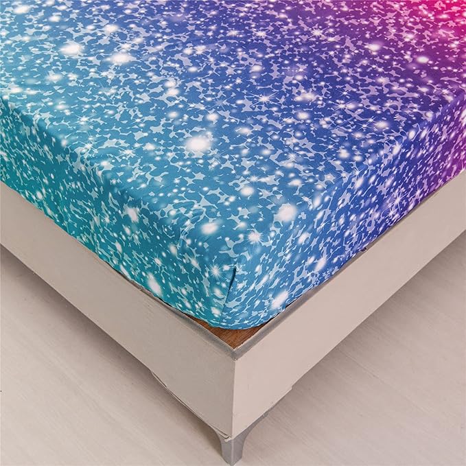 RYNGHIPY Colorful Glitter Bed Sheet Collections, Glitter Rainbow Theme Fitted Sheet Full Size, Mermaid Design Sheets Set for Girls (Pink Blue,Full)