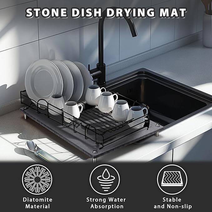 Stone Drying Mat for Kitchen Counter,IPOW Diatomaceous Dish Drying Mats Superb Absorbent,Heat-ResistantFast Drying Stone Mat Kitchen with Non-Slip Stainless Steel Feet(Gray)