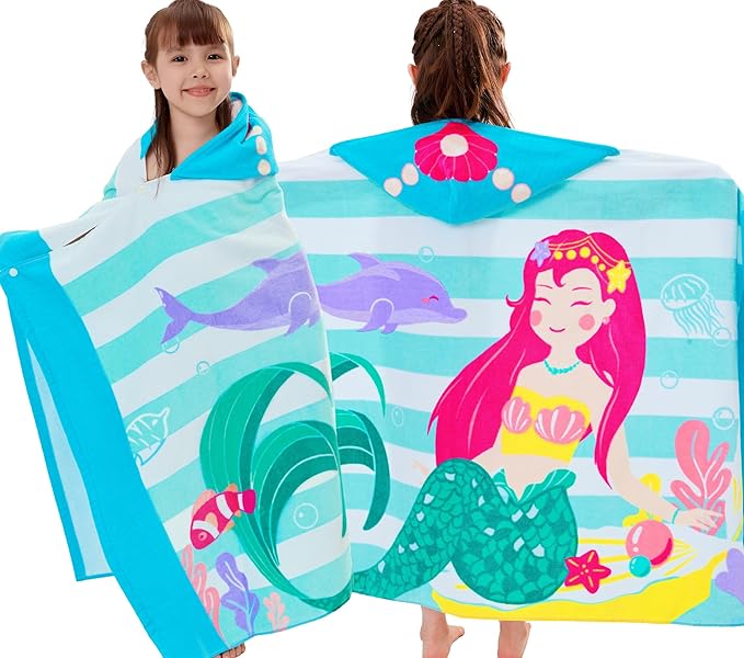 VOOVA & MOVAS Toddler Bath Towels Age 3-10,100% Cotton | Soft | Thick, Hooded Towel for Kids Girls, Perfect for Beach, Pool, Bath,Swim, Stripe Mermaid