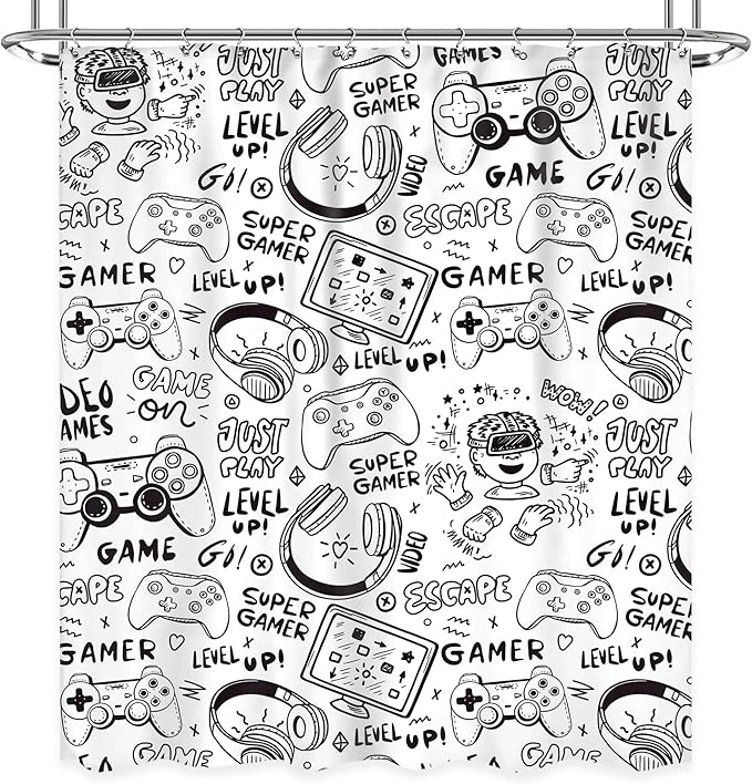 Kids Gaming Shower Curtain for Boys 60Wx72L Inch Gamer Black White Video Game Cool Teens Funny Monochrome Sketch Graffiti Gamer Gamepad Bathroom Set Bath Curtain Bathtub Accessories Home Decor