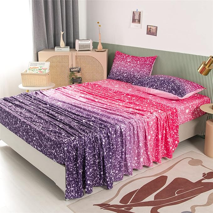 RYNGHIPY 3D Glitter Bed Sheet Set for Kids Teens Girls Women, Pink and Purple Rainbow Fitted Sheet & Pillowcase, Glitter Print Bedding Collections (Purple Pink,Full)