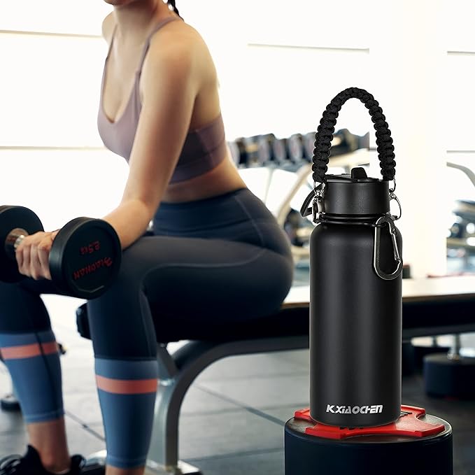 32 oz Insulated Water Bottle with Paracord Handles & Strap, 2 Lids(Straw Lid&Spout Lid), Stainless Steel Reusable Wide Mouth Metal Water Bottle With Straw, Double Walled(Black)