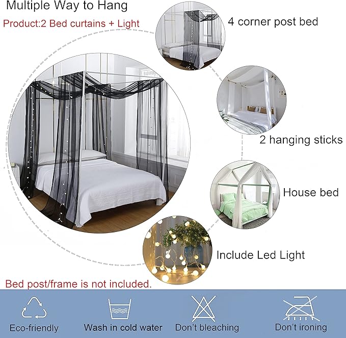 Akiky Bed Canopy Curtains for Girls Elegant Canopies Curtain Scarf with Light Great as Room Decor,Wedding decortion,Window Valance Curtain (Twin,Black)
