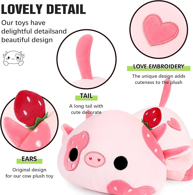Onsoyours Cute Cow Plushie, Soft Stuffed Strawberry Cow Squishy Plush Animal Toy Pillow for Kids (Strawberry Cow, 12")