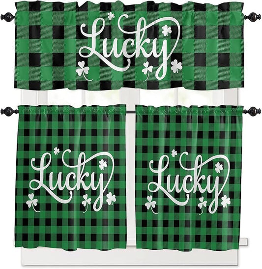 St. Patrick's Day Buffalo Plaid Kitchen Curtains and Valances Set, Lucky Shamrocks Clover Window Tiers Rustic Green Black Half/Short Curtains for Small Windows Cafe /Living Room/ Bedroom 54x 36 in