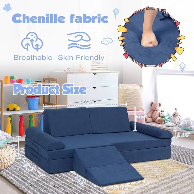 Kids Couch, 9 PCS Play Couch Sofa for Kids Imaginative Furniture Play Set for Creative Kids,Toddler to Teen Bedroom Furniture, Couch Sofa Foam Play Couch Indoor Outdoor(Chenille Blue)