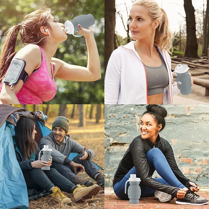 THAIOXYH® Collapsible Water Bottles 11 oz(320ml) Reuseable Foldable Portable BPA Free Silicone Collapsible Water Bottles for Traveling Hiking Camping Sports (grey)…