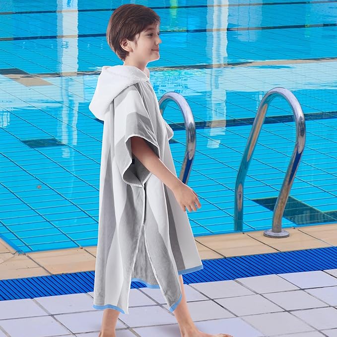 VOOVA & MOVAS Big Kids Hooded Bath Towels - Girl | Teens Pool Towel Poncho Towel Robe (8-16Years), Large Thick and Absorbent Cotton - Versatile for Pool, Swim, and Bath, Grey and White Wide Cabana