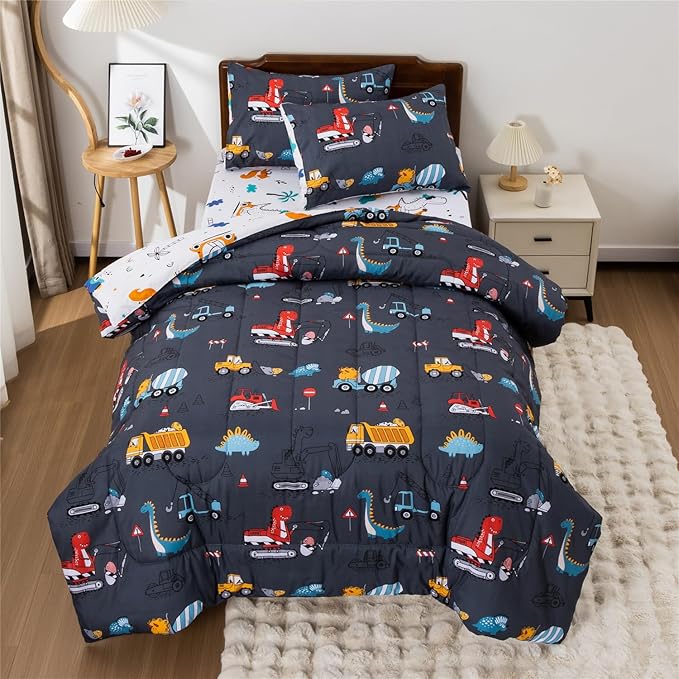 Meeting Story Construction Truck Car Twin Kid Comforter Set for Boys,5 Pieces Dinosaur Bedding Set with Sheets and Pillowcases,Excavator Lightweight Microfiber Bedding Sets(Grey,Twin5pcs)