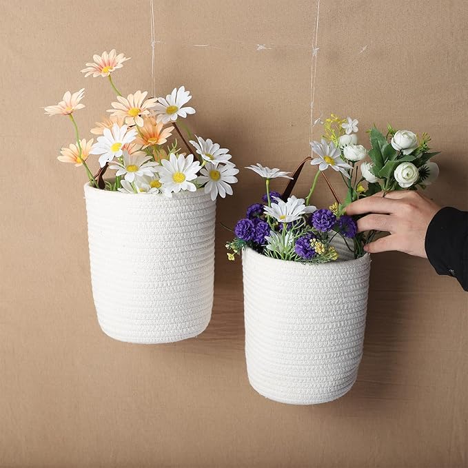 Hanging Basket(2Piece) Wall Woven Cotton Rope Storage Basket with Leather Decorative Baskets Organizer for Kitchen Office Bedroom,Plants,Towels, Toys