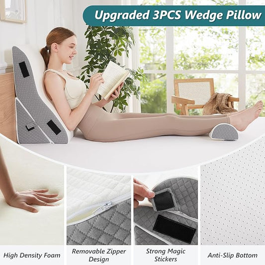 3 PCS Upgraded Bed Wedge Pillow for Sleeping - 35D Post Surgery Pillow for Back Leg Pain Relief - 16.5" Wide Wedge Pillows for After Surgery for Acid Reflux & GERD & Snoring(White Grey)