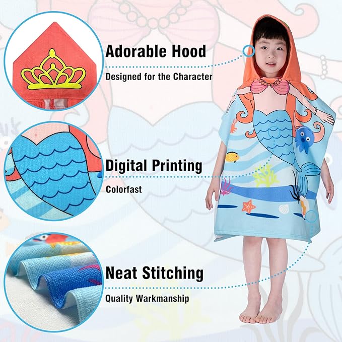 Hooded Kids Beach Towels - Toddler Bath Towel Girls Boys Swim Cover-ups for Ages 1 to 6 Kids Pool Towels Quick Dry Lightweight Soft Microfiber Poncho Towel 24x23(Mermaid Crown)