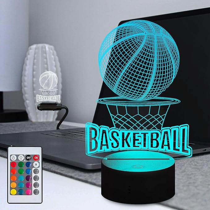 Basketball Frame Glowing RGB Acrylic Lamp with Stand LED Night Light Illusion 16 Color Change Touch Remote Control USB Charge for Bar Bedroom Boy Teens Fans Decoration