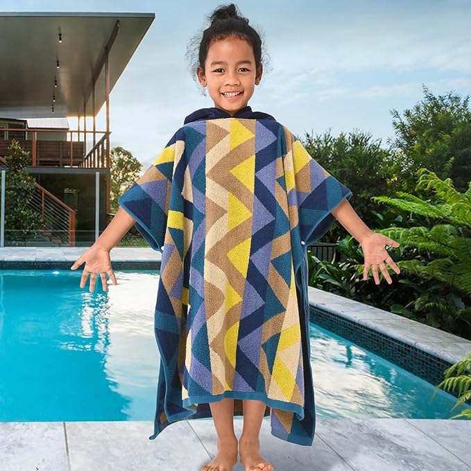 VOOVA & MOVAS Hooded Bath Towel for Kids (4-8Years) - Thick 500GSM,Soft, Absorbent, 100% Cotton Swim Towel, Perfect for Bathroom | Pool | Swim, Jacquard,Blue