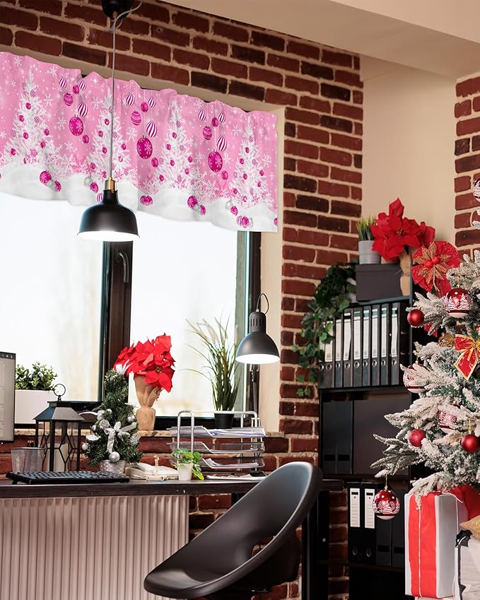 Pink Christmas Valance Curtains for Kitchen Windows White Xmas Tree Snowflakes Pink Balls Rod Pocket Window Treatment Toppers for Kitchen/Living Room/Bedroom/Bathroom, 42" X 12", Winter