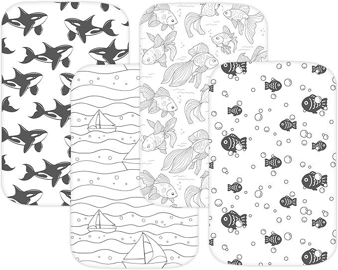 TansyPanda Bassinet Sheets for Angelbliss, Koolerthings, Koola Baby Bassinet Bedside Sleeper, 3 Pack, 33x20 inch, Ultra Soft, Breathable, Snug Fit, Unisex Boys Girls, Gray White (Ocean Fish Theme)