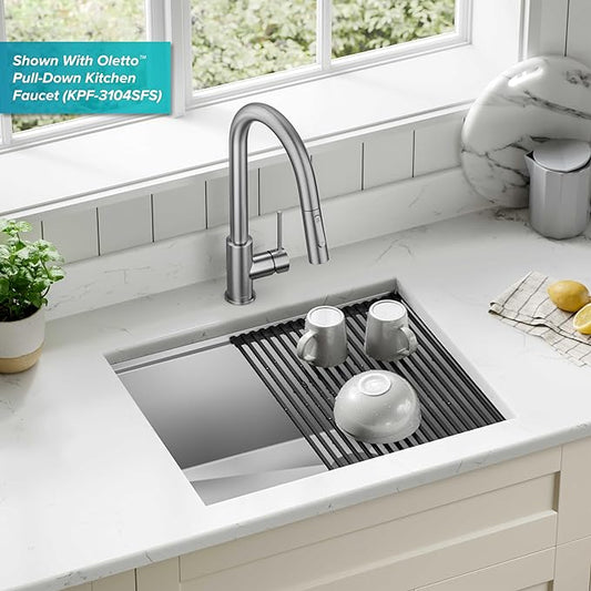 KRAUS KWU111-23 Kore Workstation 23-inch Undermount 16 Gauge Single Bowl Stainless Steel Kitchen Sink with Integrated Ledge and Accessories (Pack of 5)