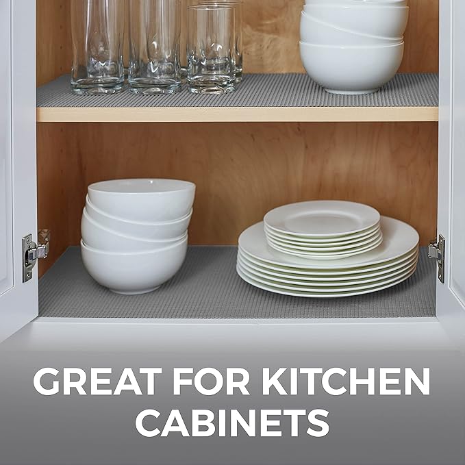 HOME GENIE Drawer Shelf and Cabinet Liner, Durable with Strong Grip, 17.5 Inch x 20 FT, Non Adhesive Liners Protect Kitchen Cabinets and Cupboard, Bathroom Drawers and Shelves, Desks, Soft Gray