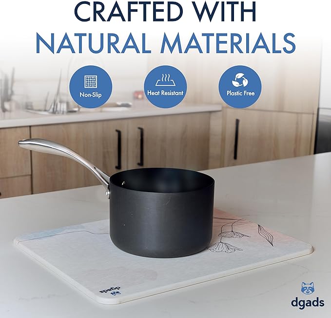 Stone Drying Mat for Kitchen Counter 17.71" x 13.77" with 2 x Absorbent Cup Coasters, Sanding Tool & Non-Slip Pad in Set | Quick Drying | Heat-Resistant | Diatomaceous Earth Instant Drying Dish Mat