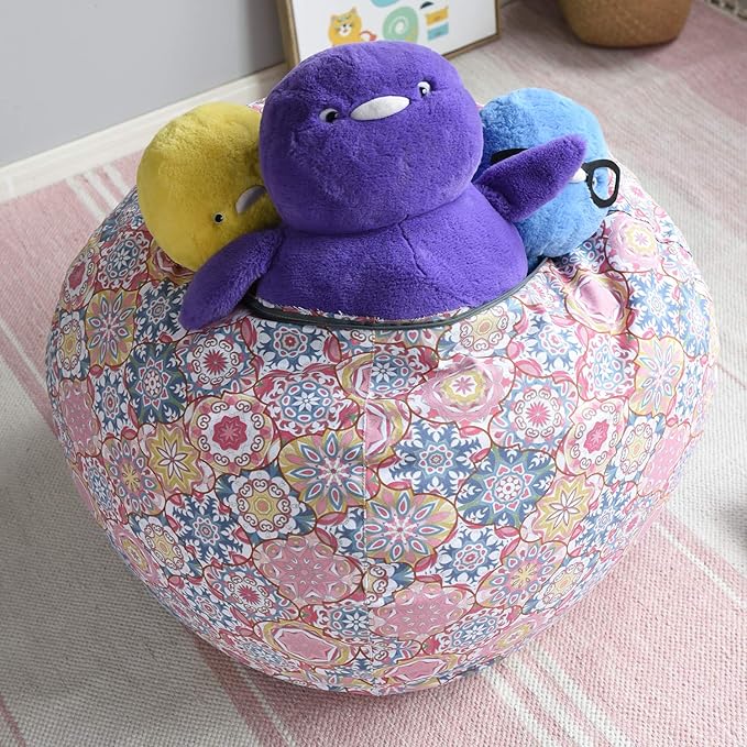 YuppieLife Kids Storage Bean Bag Cover(No Filling) Toy Organizer|Carrying Handle Sofa|Available for Kids and Teenager|Cuddle Chair|Machine Washable and Durable(27“,Pink Flowers)