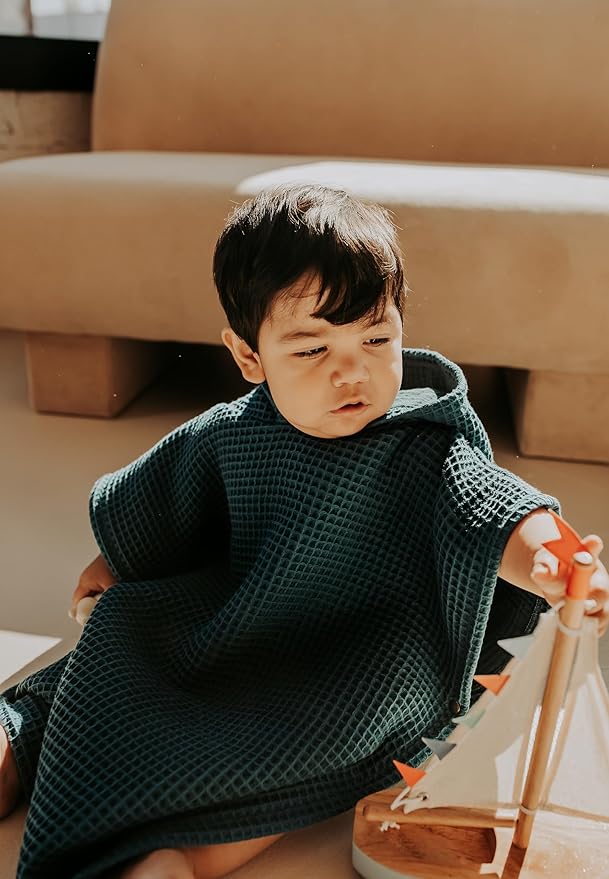 Hooded Towel for Babies + Toddlers | Snaps into a Poncho | Organic Cotton Waffle | Lighweight and Absorbent | Bath, Beach, and Pool | Multiple Colors (Small (0-3 Yrs), January Aqua)
