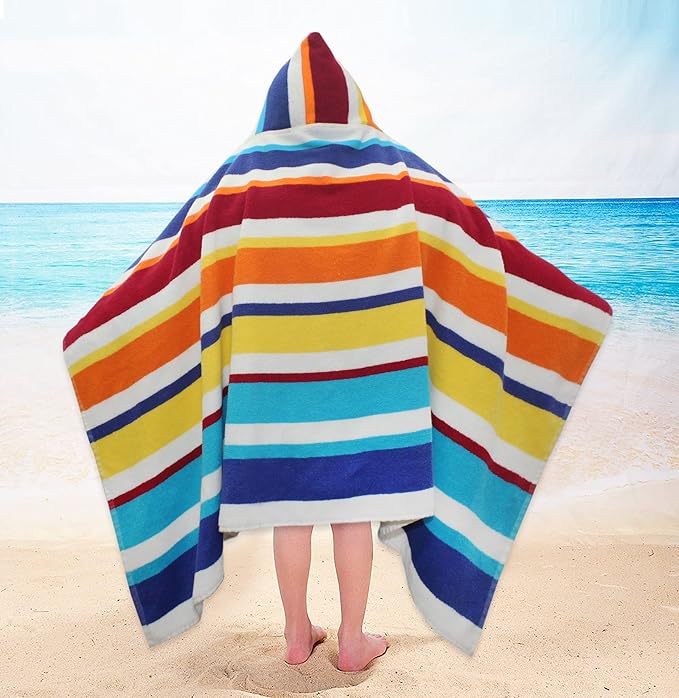 Hooded Bath Towel Wrap - 100% Cotton Terry Large Oversized Hooded Kids Towel - Toddler Shower Pool Beach Towel - Soft Plush Absorbent Quick Dry Easycare Gift - 30x60- Cabana Stripe Multi