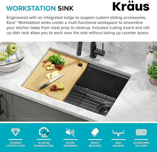 KRAUS Kore 27 Inch Undermount Workstation 16 Gauge Stainless Steel Single Bowl Kitchen Sink with Accessories in PVD Gunmetal Finish with Accessories, KWU110-27-PGM