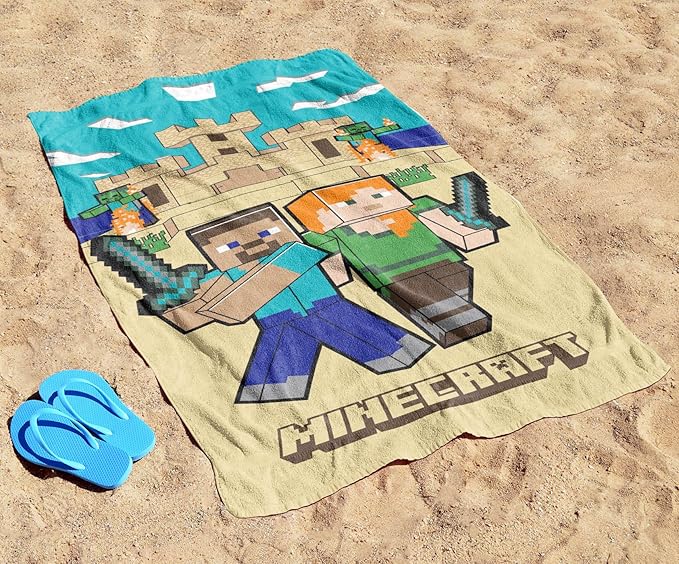 Jay Franco Minecraft Alex and Steve Kids Bath Pool Beach Towel - Super Soft & Absorbent 100% Cotton Towel for Gamers, Measures 28 x 58