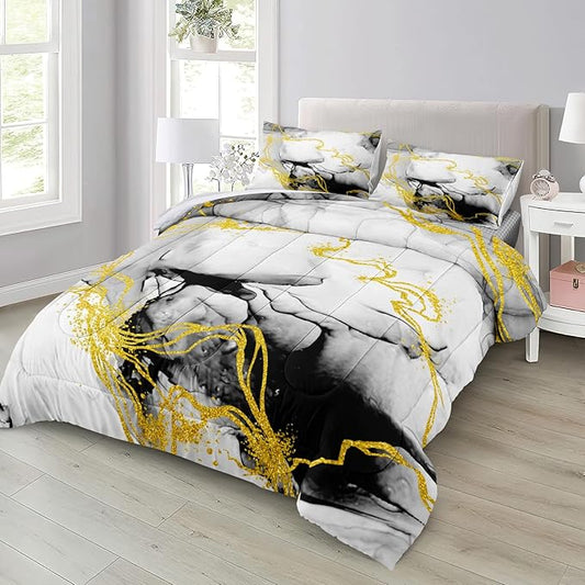Bedbay Marble Comforter Set Queen Size Watercolor Bedding Black and Gold Bedding Duvet Set Abstract Marble Texture 4 Pieces Soft Microfiber Lightweight Down Alternative Comforter(Ink,Queen)