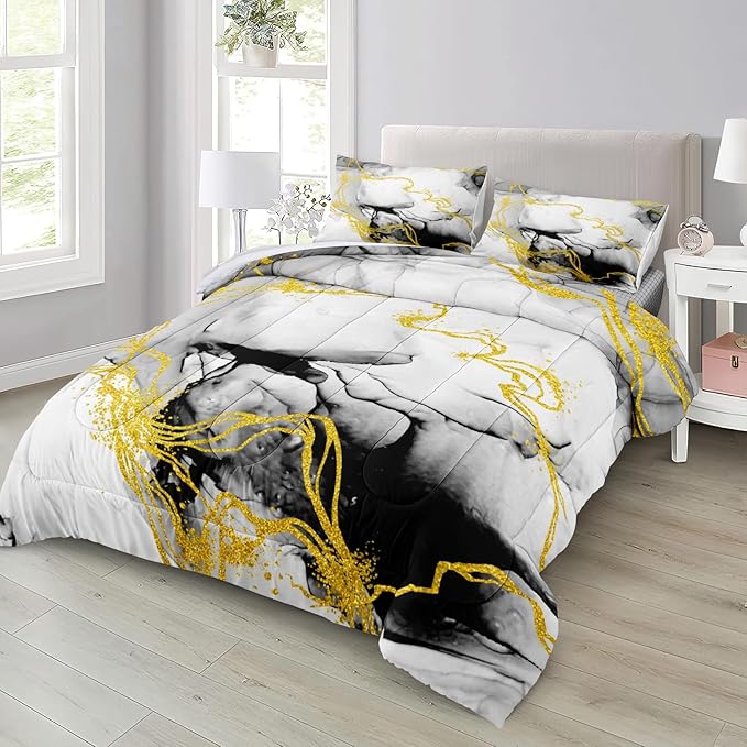 Bedbay Marble Comforter Set King Size Watercolor Bedding Black and Gold Bedding Duvet Set Abstract Marble Texture 4 Pieces Soft Microfiber Lightweight Down Alternative Comforter(Ink,King) 