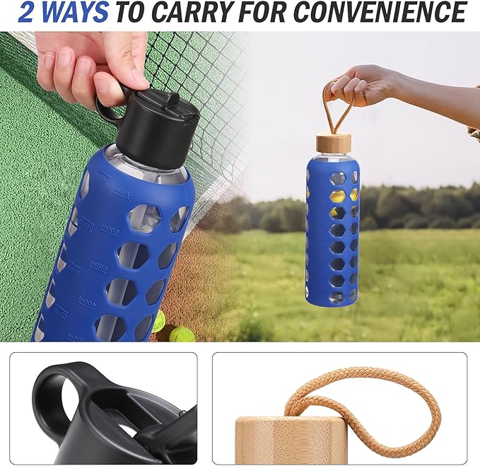 MUKOKO Glass Water Bottles, 24oz Glass Tumbler, Drinking Bottles with 2 Lids-Handle Flip Straw Lid&Bamboo Lid, Motivational Water Bottle with Time Marker and Silicone Sleeve, Leakproof-1 Pack-Blue