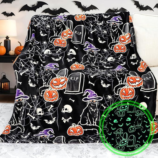 Halloween Blanket Pumpkin Glow in The Dark Blanket Cat Halloween Decorations Cute