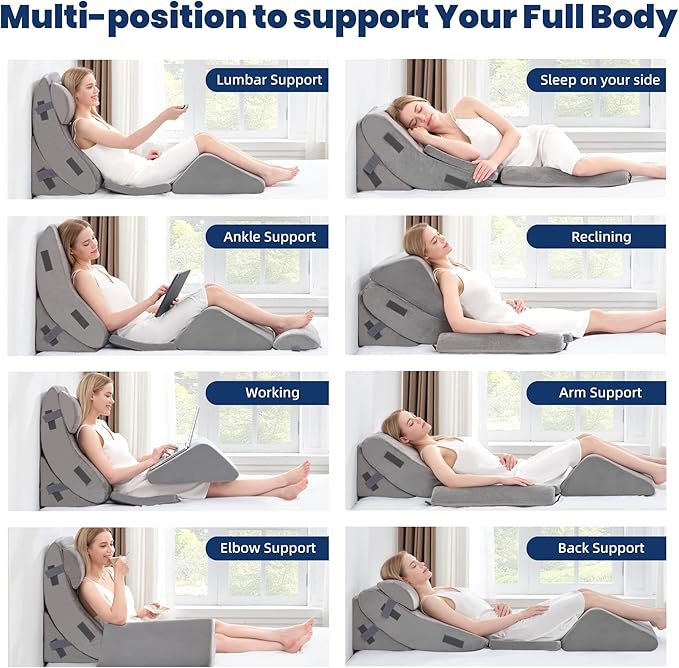 BDEUS 5pcs Orthopedic Bed Wedge Pillow Set, Memory Foam Wedge Pillow for Sleeping, Knee, Lumbar and Back Support Adjustable Bed Pillow, Deep Grey