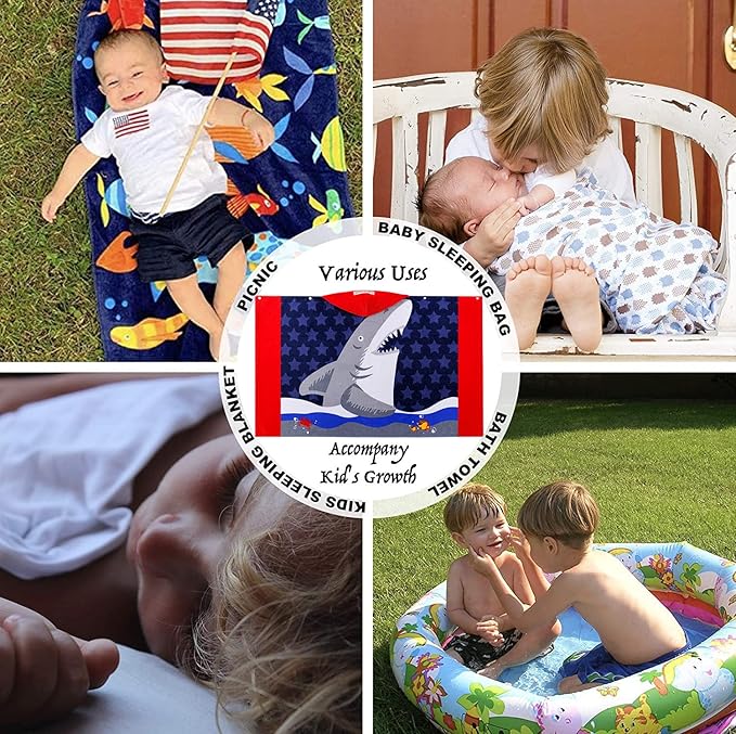 VOOVA & MOVAS Toddler Bath Towels Age 3-10, Soft | Thick | Cotton | Oversized Absorbent - Beach | Bath | Pool | Swim Towels for Boys and Girls | Big White Shark