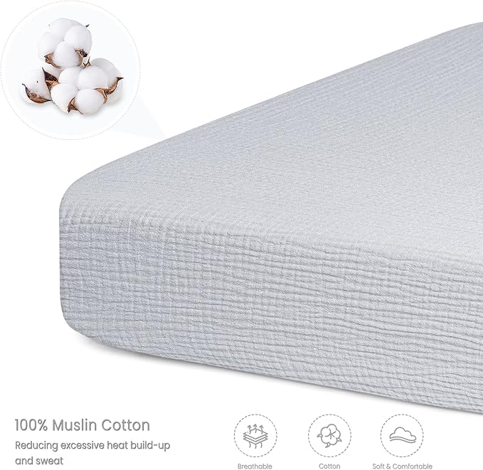 Lulumoon Muslin Crib Sheet Fitted Crib Mattress Sheet for Boys and Girls, 28"x 52" Mist Blue