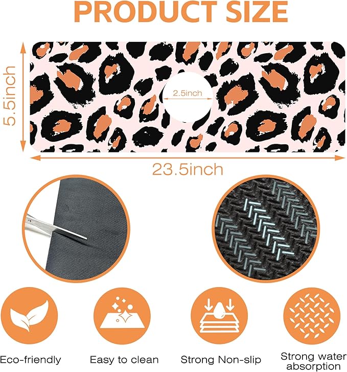 Kitchen Sink Splash Guard Faucet Mat Leopard Rosettes Sink Splash Guard Behind Faucet,1 PC Soft Diatom Mud Non-Slip Mat -for Kitchen,Sink Mat,Dish Drying Mat,Bathroom Faucet Mat 15.5"X5.5"