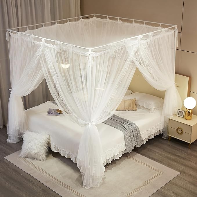 4 Corners Post Princess Curtain Bed Canopy Lace Up Double Layer 4 Opening Mosquito Net Mesh for Girls Bedroom Decoration(White, 78" W*86" L*82" H/King)