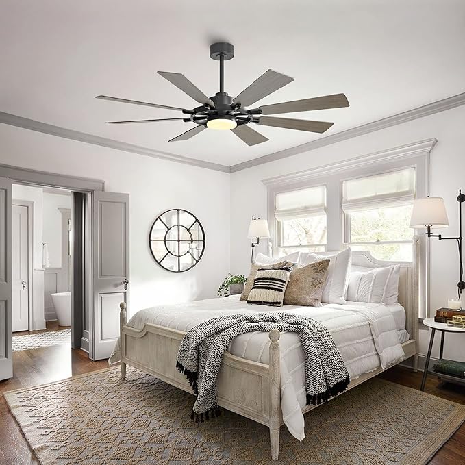 80" Ceiling Fan with Lights and Remote Control, Wood 8 Blades 6-Speed Noiseless Reversible DC Motor, 3 Downrods, Modern Indoor/Outdoor Ceiling fan for Office Porch Dining Living Room, Black+Wood