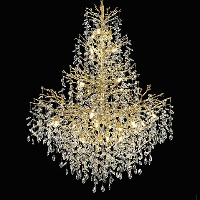H65'' Gold Crystal High Ceilings Chandeliers Staircase Chandeliers Modern Crystal Tree Branch Chandelier, D48'' Foyer Chandelier for High Ceiling Luxury Large Living Room Chandelier, 27-Lights