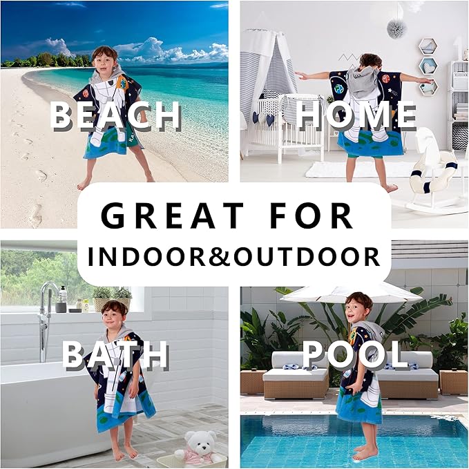Kids Hooded Beach Bath Towel, Baby Surf Poncho Toddlers Soft Real Cotton Wrap Hooded Towels for Kids Boy Girl