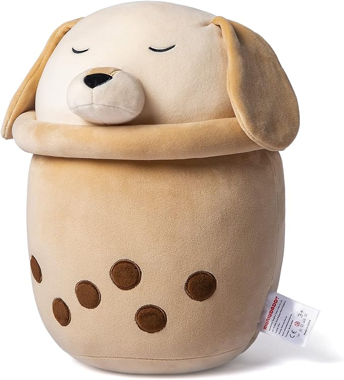 Niuniu Daddy Boba Plushies with Dog face-13.7inches Large Brown Cream Bubble Tea Stuffed Animals for Boys -Soft Kawaii Milk Tea Cup Plush Toy Pillow for Kids-Machine Washable