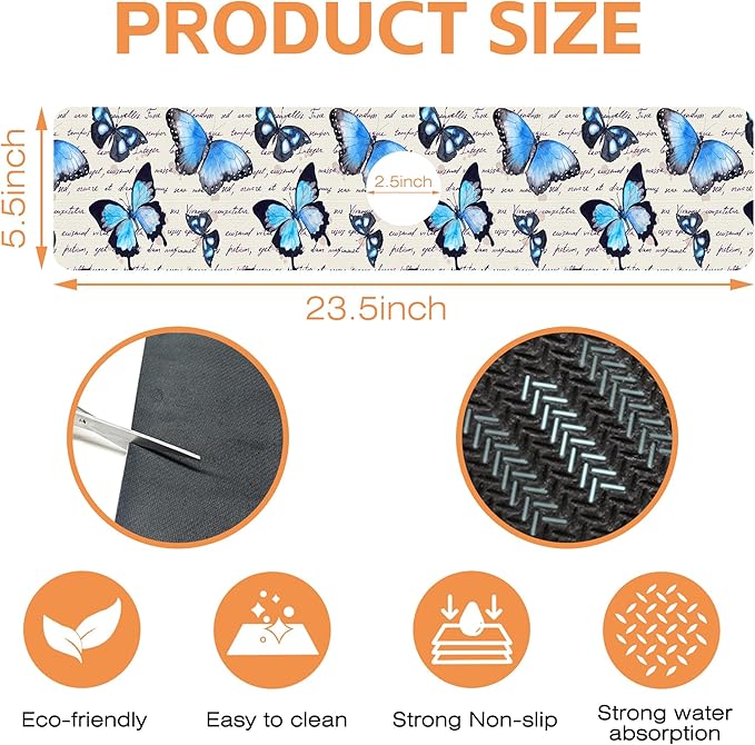 Kitchen Sink Splash Guard Faucet Mat Butterflies Hand Written Text Sink Splash Guard Behind Faucet,1 PC Soft Diatom Mud Non-Slip Mat-for Kitchen,Dish Drying Mat,Bathroom Faucet Mat 23.5"X5.5"