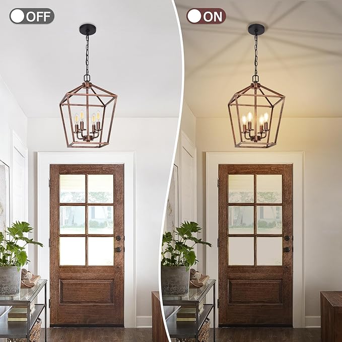 Chandelier for Dining Room, 4-Light Rustic Chandelier Fixtures, Vintage Ceiling Light with Adjustable Height, Antique Bronze Geometric Hanging Light for Bedroom, Foyer, Kitchen, Living Room, Entryway