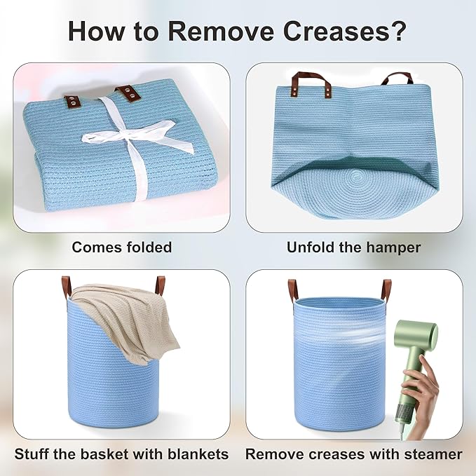 80L Large Rope Basket, Woven Rope Storage Basket with Leather Handles, Dog Toy Storage Basket, Bedroom, Nursery Blanket Storage, Bathroom Laundry Basket, 16“x20” Tall Rope Basket (Blue)