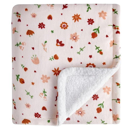 DaysU Plush Flannel Sherpa Baby Blanket for Girls Boys, Portable Reversible Soft Micro Fleece Baby Crib Throw Blanket with Flower Print for Newborn and Nursery, Floral, 30"x40"