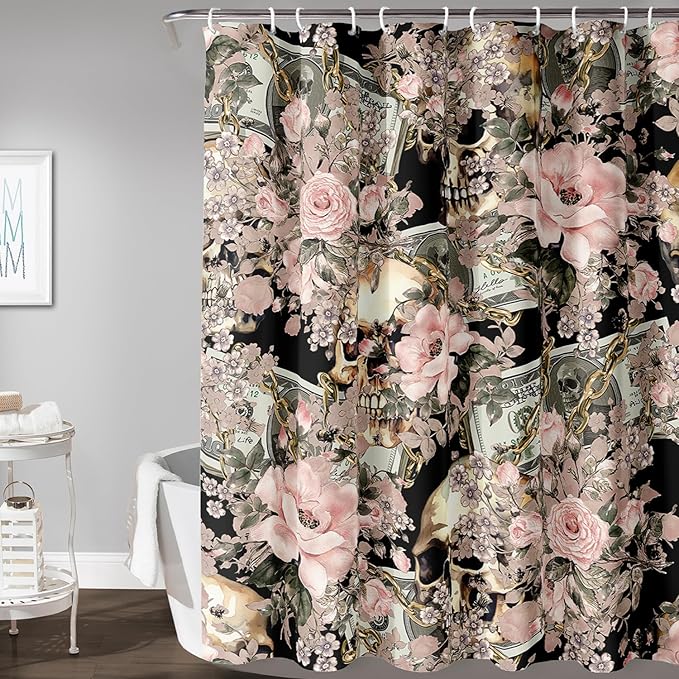 AILONEN Sugar Skull Shower Curtain for Bathroom,Romantic Rose Flower Bath Curtain for Girls Women,Money Skull Skeleton Print Waterproof Curtain with 12 Plastic Hooks, 72" W*84" H
