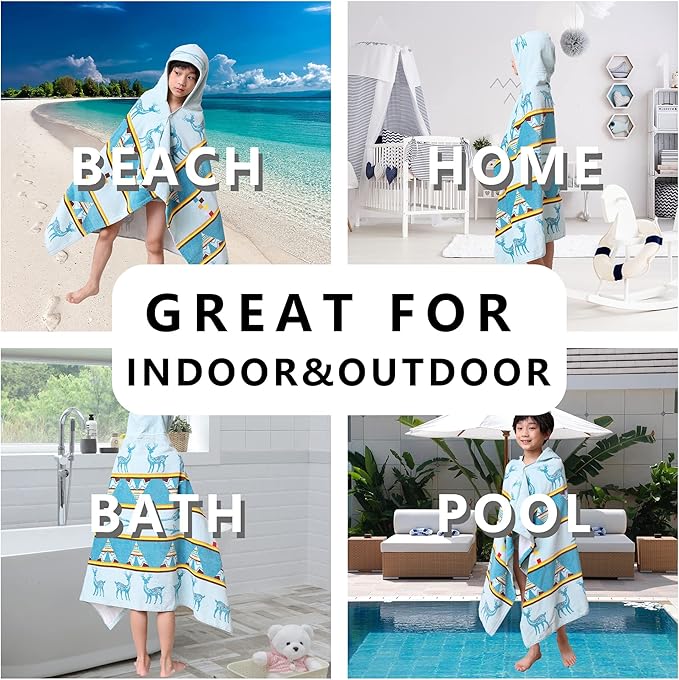 Kids Hooded Beach Bath Towel, Baby Surf Poncho Toddlers Soft Real Cotton Wrap Hooded Towels for Kids Boy Girl