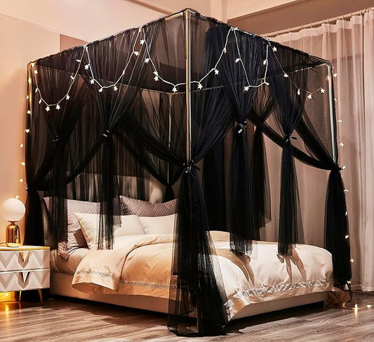 Mengersi Bed Canopy Canopy Bed Curtains with Lights- 4 Corners Post Royal Bed Drapes Mosquito Net- Elegant Bedroom Decoration Accessories for Adults(Twin,Black)