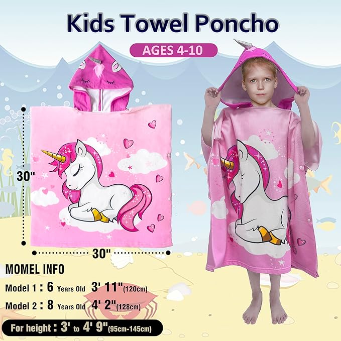 Hooded Kids Beach Towels - Toddler Bath Towel Girls Boys Swim Cover-ups for Ages 4 to 10 Kids Pool Towels Quick Dry Lightweight Soft Microfiber Poncho 30x30 with Bag (Pink Unicorn)